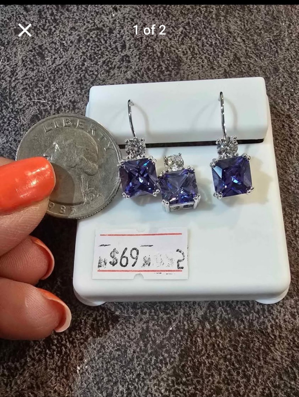 Sterling Silver Purple Square Cz Drop Earrings And Pendant Set
